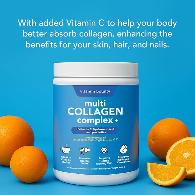 Vitamin Bounty Multi Collagen Peptides Powder for Men & Women (Complex Plus) - 5 Types Hydrolyzed Collagen Protein - Probiotics, Vitamin C & Hyaluronic Acid - Grass Fed Bovine Supplements, 50 Servings