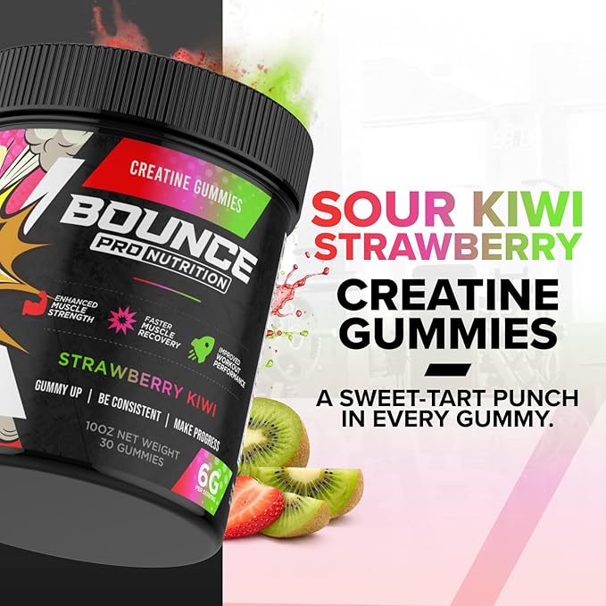 Bounce Pro Creatine Monohydrate Gummies for Men & Women, Low Calorie, 6G of Creatine per Serving, Vegan, Anti-Melting, Gluten-Free, Non-GMO (30 Count (Pack of 1), Strawberry Kiwi)