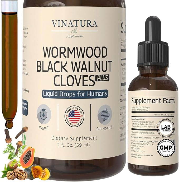 VINATURA Wormwood Black Walnut Cloves Liquid - Cleanse, Detox for Humans with Papaya Leaf and Pumpkin Seed, Intestinal Guard Formula Supplement - 2 fl oz