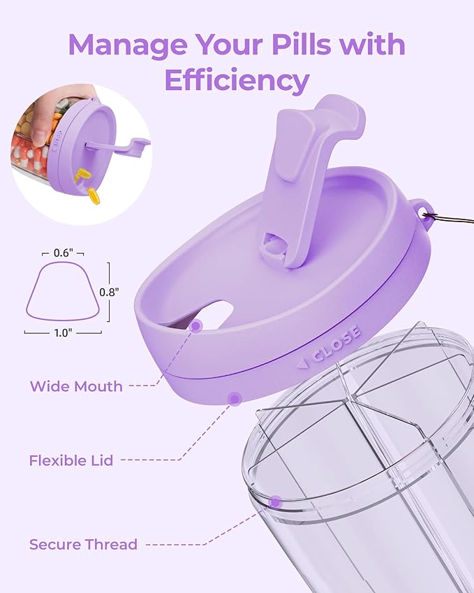 AMOOS Large Pill Dispenser with 6 Compartments, Anti-Mix Pill Bottle Organizer with Wide Opening & Easy Retrieval, Vitamin Organizer for Travel, BPA-Free Pill Box with a Strap, Purple