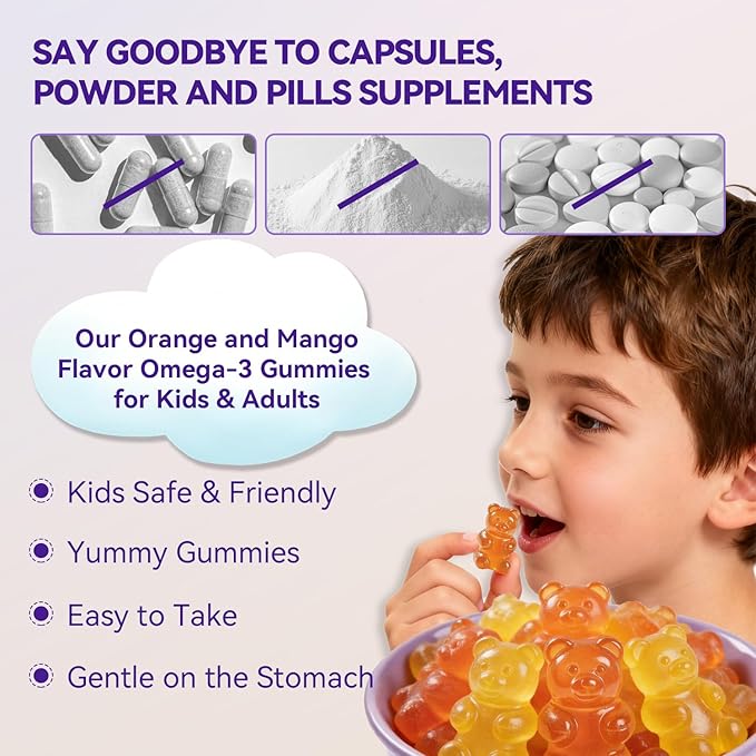 Omega 3 Gummies for Kids & Teens - Sugar Free Omega DHA & EPA Supplement Gummy for Children Brain and Immunity - No Fish Burps, Vegan - 120 Gummies