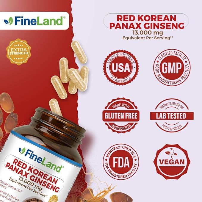 FineLand Red Korean Panax Ginseng 20:1 Extract - Concentrated Immune & Cognitive Support Supplement for Men & Women - 120 Veggie Capsules