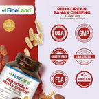 FineLand Red Korean Panax Ginseng 20:1 Extract - Concentrated Immune & Cognitive Support Supplement for Men & Women - 120 Veggie Capsules