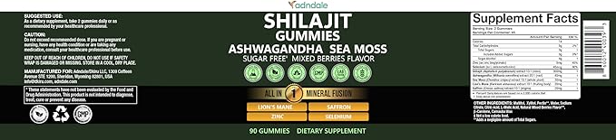 Adndale Himalayan Natural Shilajit Gummies for Men & Women, Sugar-Free Mixed Berries Flavor - with Ashwagandha, Sea Moss, Lion’s Mane & Saffron + Zinc & Selenium - 90 Gummies (45 Servings)