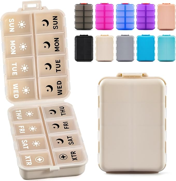 Foldable Weekly Pill Organizer 2 Times a Day with 2 Extra Compartments (Clear Printed Labels) - Portable 7 Day AM PM Medicine Box, Week Daily Travel Pill Case Holder for Vitamin, Supplement - Khaki