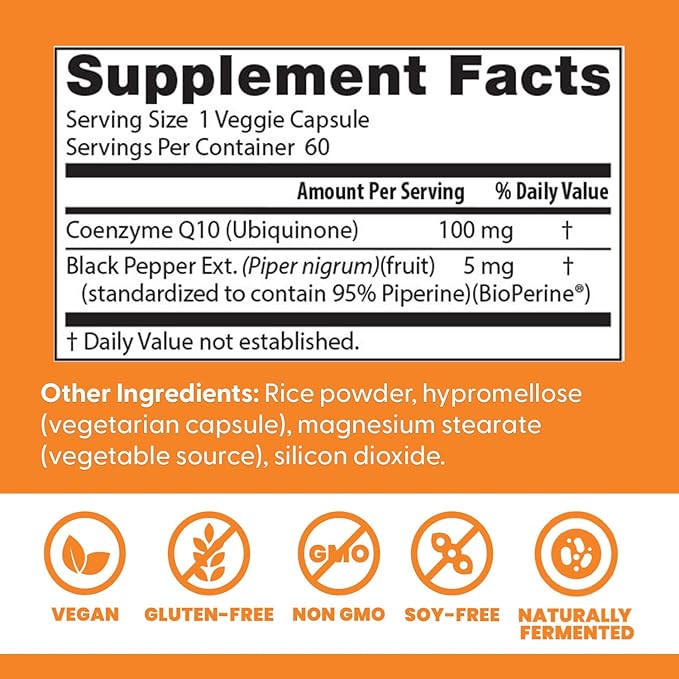 Doctor's BEST High Absorption CoQ10 with BioPerine Supplement - Coenzyme Q10 Caps for Heart Health & Antioxidant Support, Naturally Fermented CoQ10 100mg for Women & Men, Non GMO - 60 Veg Capsules