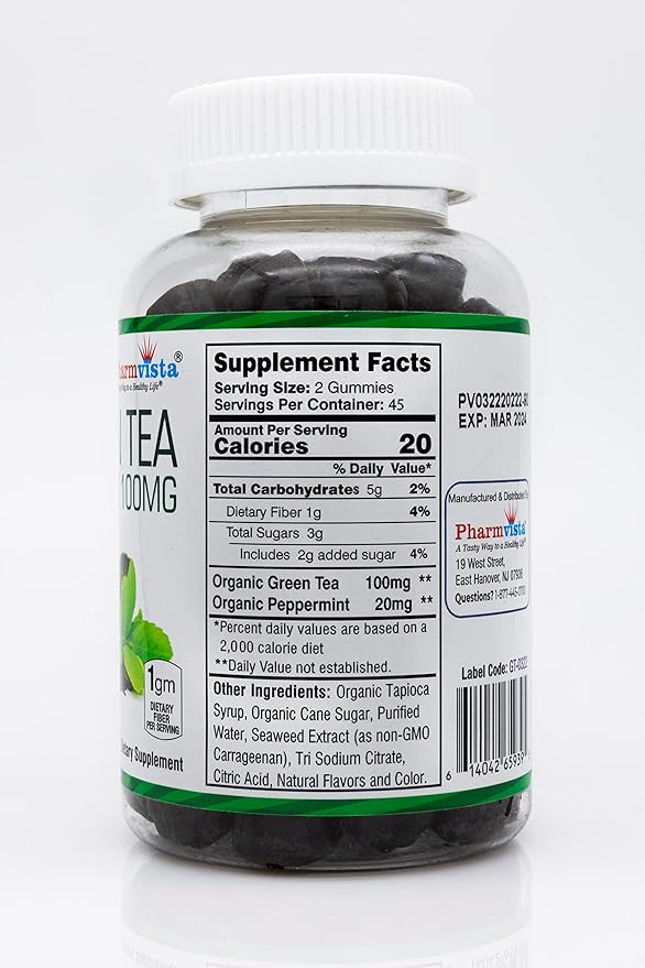 Pharmvista Green Tea & Peppermint Gummies 100mg - Gluten Free, Non-GMO, Antioxidant/Mineral Rich Supplement - 90 Count