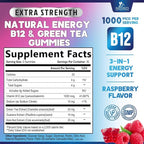 Energy Gummies - Vitamin B12 1000 mcg Per Serving - Daily Energy Gummy with Natural Caffeine from Green Tea, Berry Flavor B12 Chewable Exercise Supplement for Running Cycling & Sports - 60 Gummies