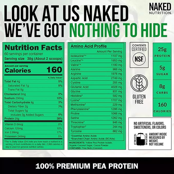 NAKED Nutrition Chocolate Pea Protein Isolate - 5Lb Bulk, NSF Certified, Plant Based, Vegetarian & Vegan Protein. Easy to Digest, Non-GMO, Gluten Free, Lactose Free, Soy Free