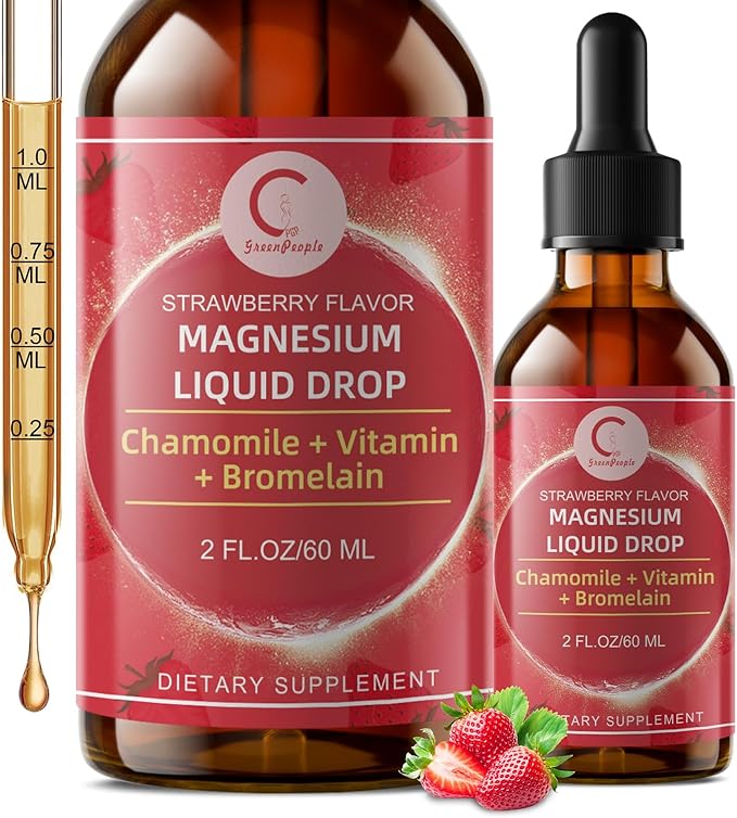 Magnesium Glycinate Liquid Drops with Chamomile, Hawthorn & Ginger for Stress Relief and Digestive Comfort, Fast Absorption, Non-GMO, Vegan Formula, Sugar Free, Strawberry Flavor, 2 Fl OZ