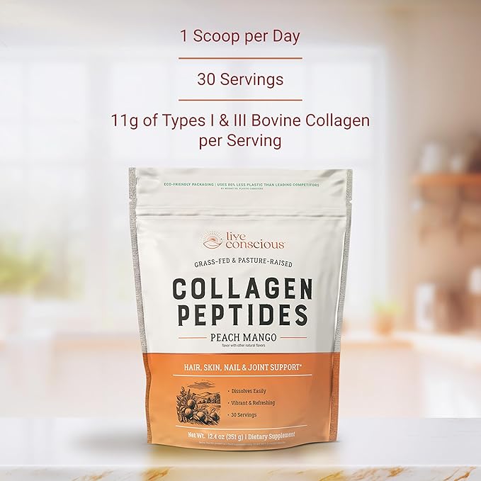 Live Conscious Collagen Peptides Powder - Peach Mango Flavored Collagen Powder - Hair, Skin, Nail, & Joint Support - Type I & III Grass-Fed Collagen Supplements for Women and Men - 30 Servings - 13oz