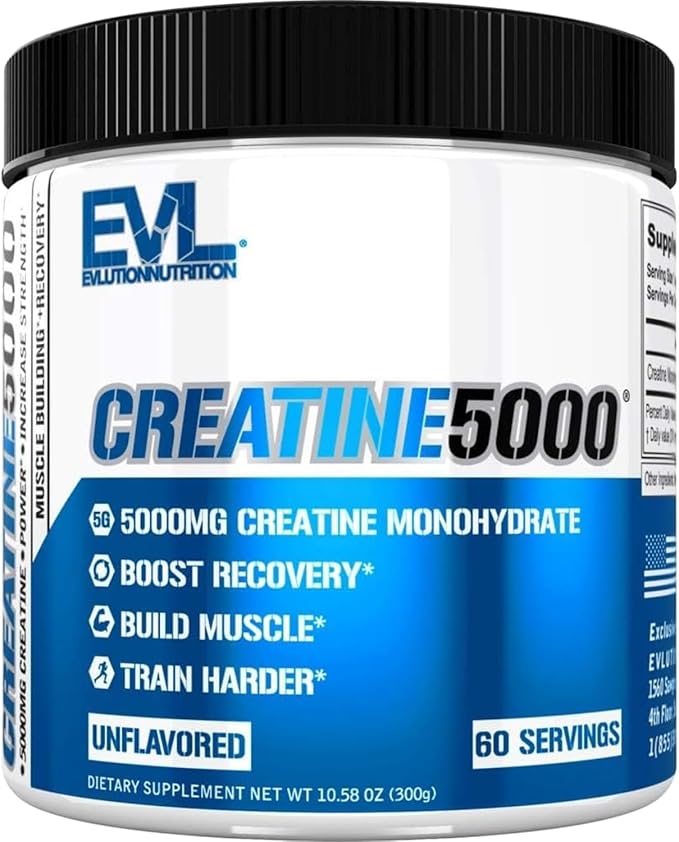 Evlution Nutrition Creatine 5000 - Supports Faster Recovery Lean Muscle Growth & Performance - Pre & Post Workout Powder - 5000mg Pure Creatine Monohydrate Per Serving - 60 Servings - Unflavored
