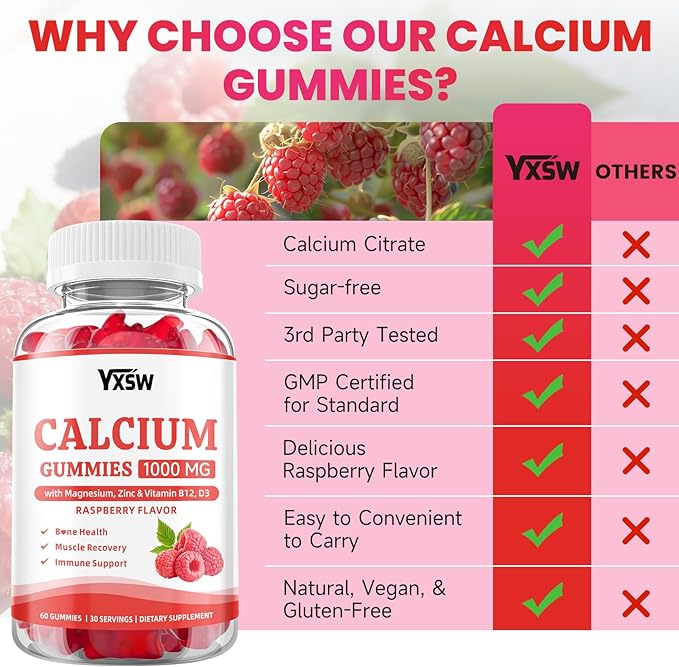 Calcium Gummies 1000mg with Vitamin D3 K2 & B12 Complex, High Absorption Potassium, Calcium Magnesium Zinc Supplement for Bone, Muscle, Mood and Immunity Support, Raspberry Flavor, 120 Count