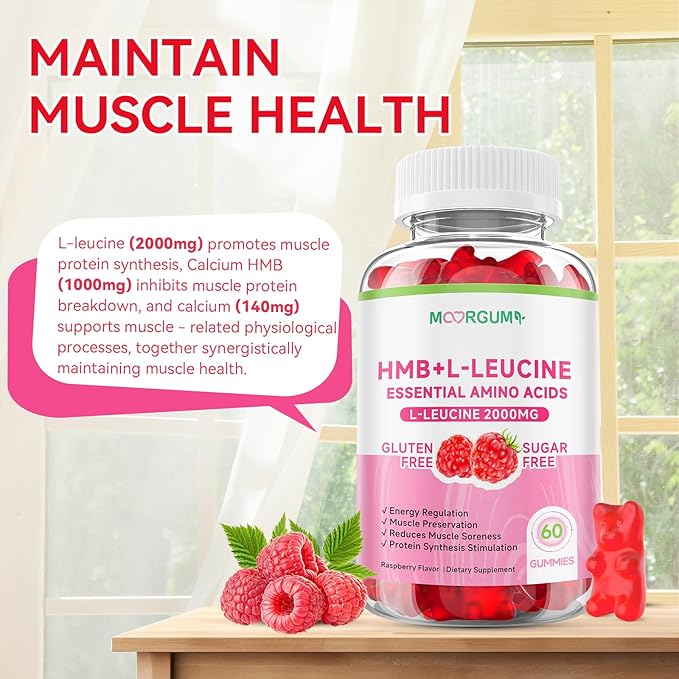 HMB & L-Leucine Gummies with Calcium, Amino Acid Supplement, L Leucine Supplements for Men & Women, Raspberry Flavor, 60 Count