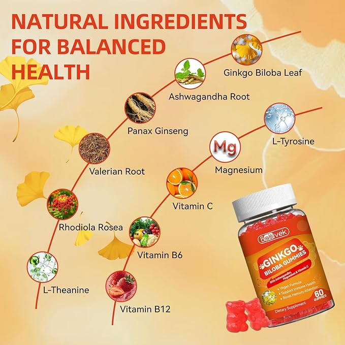 Ginkgo Biloba Gummies with Ashwagandha, Vitamin C & Magnesium - Vegan, Non-GMO, Gluten-Free - Raspberry Flavor, 60 Count