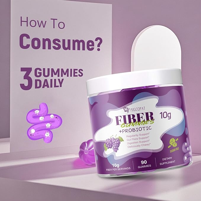 Migcopat 10G Fiber Gummies with 30 Billion CFU Probiotics, Grape Flavor, Bloating Support, Fiber Supplement with Vitamin C, ACV, Inulin, Sugar Free, 180 Count