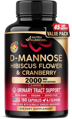 NUTRAHARMONY D-Mannose 2000mg with Cranberry & Hibiscus - Clinically Tested Strength for Urinary Tract Health - Supplement for Women - Bladder, Liver & Microflora Support - Vegan, 180 Capsules
