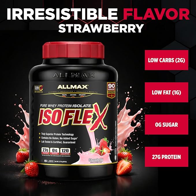 ALLMAX ISOFLEX Pure Whey Isolate Protein Powder - Gluten Free, Low Lactose, Sugar-Free - High-Protein, Clean, Keto-Friendly for Pre Post Workout Supplement for Women and Men | Strawberry, 5lb