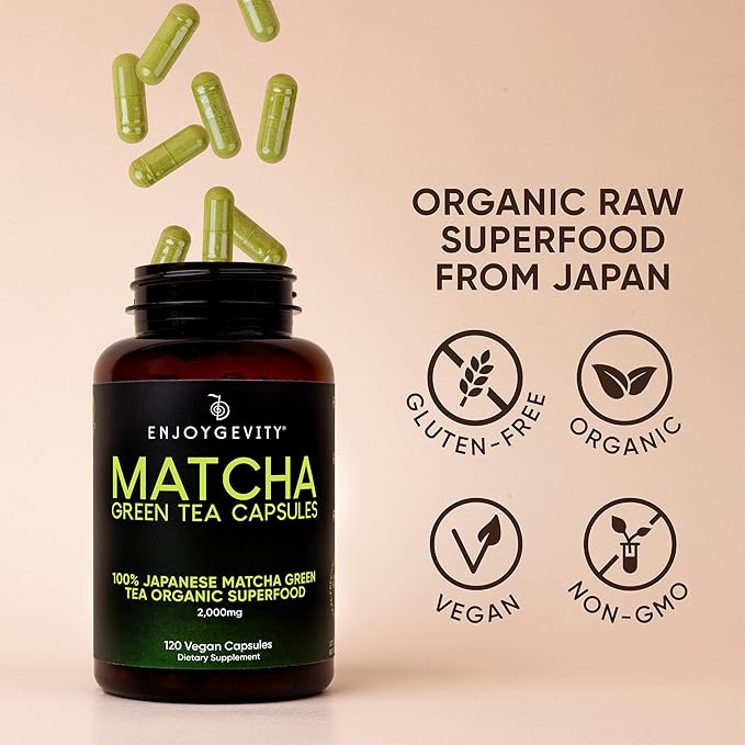 Organic Matcha Green Tea Capsules - Natural Energy Boost - Clean Gradual Caffeine - Japanese Matcha Green Tea Pills - 100% Natural Antioxidant - Calming and Relaxing - 120 Daily Capsules - 2,000/mg