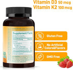 Natural Vitamin D3 K2 Gummies, 2000 IU Vitamin D3 & 100 mcg Vitamin K2(MK-7),Supports Healthy Bone, Immune Health Supplement, GMO Free, Gluten Free, Strawberry Flavor, 60 Count
