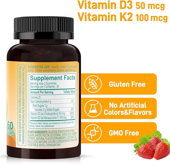 Natural Vitamin D3 K2 Gummies, 2000 IU Vitamin D3 & 100 mcg Vitamin K2(MK-7),Supports Healthy Bone, Immune Health Supplement, GMO Free, Gluten Free, Strawberry Flavor, 60 Count