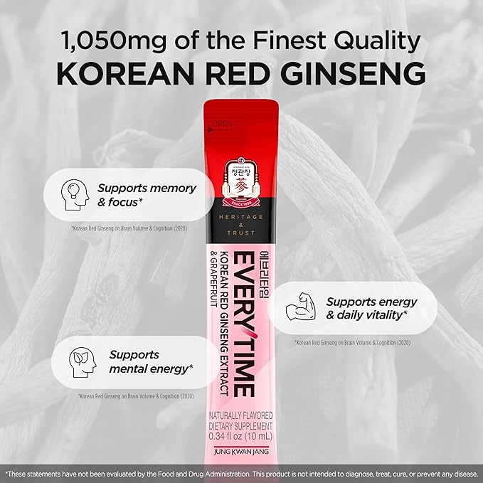 JUNG KWAN JANG Everytime Korean Red Ginseng Extract 1,000mg & Grapefruit - Vegan Ginseng Root Energy Drink Liquid Stick Supplements - Builds Stamina & Immunity, No Caffeine (10 Sticks, 0.34 fl oz)