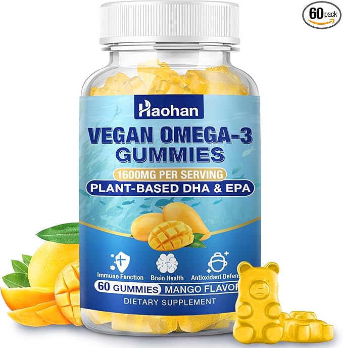 Omega-3 Gummies for Adults, Orange Flavor – Sugar-Free, Algae-Derived DHA 600mg & EPA 300mg, with Vitamins A, C, E, Zinc, 60 Gummies