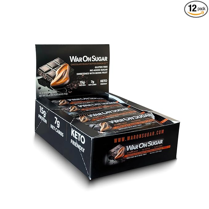 War on Sugar Chocolate Peanut Butter Crunch - High Protein Bars, No Sugar Added, 15g Protein, 7g Net Carbs, Keto Friendly, Gluten Free, All-Natural Ingredients, Monk Fruit Sweetened, No Crash - 12 Count Box