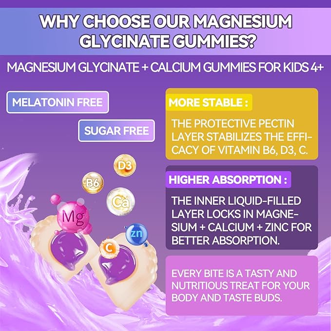Magnesium Glycinate + Calcium Gummies for Kids Sugar Free Magnesium Gummy Kids Sleep Gummies Melatonin Free Magnesium Supplement for Children Zzz & Relax, Brain, Bone