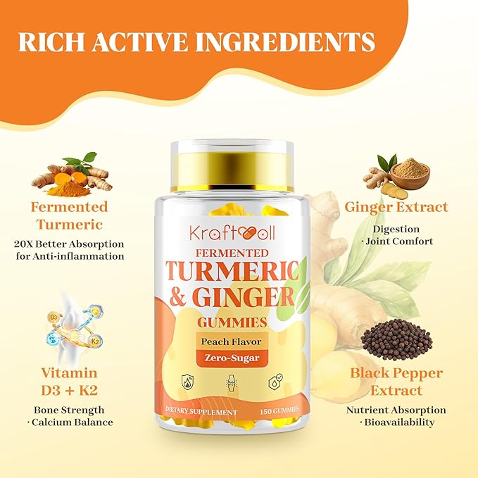 5 Month Supply Turmeric and Ginger Gummies with Black Pepper, Fermented Turmeric for Joint Comfort & Mobility, Sugar-Free with Vitamin D3 + K2, Natural Peach Flavor – 150 Gummies