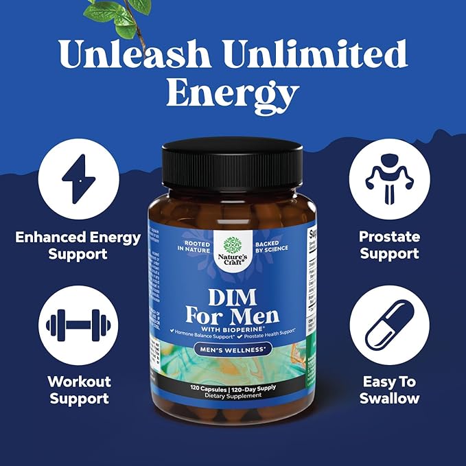 Natures Craft DIM Supplement for Men - DIM Estrogen Blocker for Men for Hormone Balance & Prostate Health - Diindolylmethane Complex with Panax Ginseng, Bioperine, Grapeseed & Astragalus - 120 Count