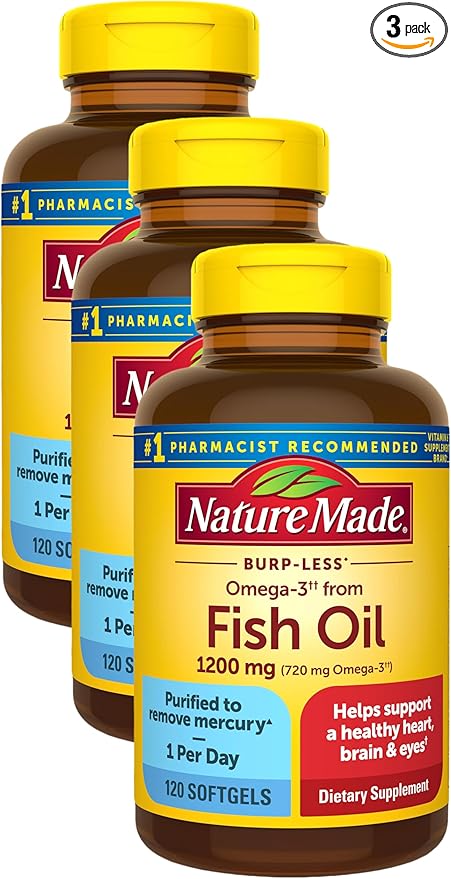 Nature Made Burp-Less Fish Oil 1200 mg One Per Day, 120 Softgels, Fish Oil Omega 3 Supplement for Heart Health (Pack of 3)