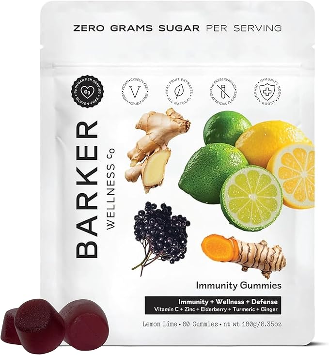 Barker Wellness Immunity Gummies with Vitamin C, Zinc, Elderberry, Turmeric & Ginger for Daily Immune Support | Vegan, Sugar-Free, Lemon-Lime Flavor | Seasonal Wellness Essentials, 60 Count