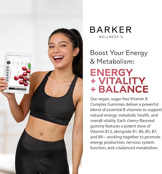 Barker Wellness Vegan B-Complex Gummies – Comprehensive Energy & Metabolism Boost with B1, B5, B6, B7 Biotin, B9 Folate, B12 | Sugar-Free Cherry Flavor for Daily Focus & Vitality