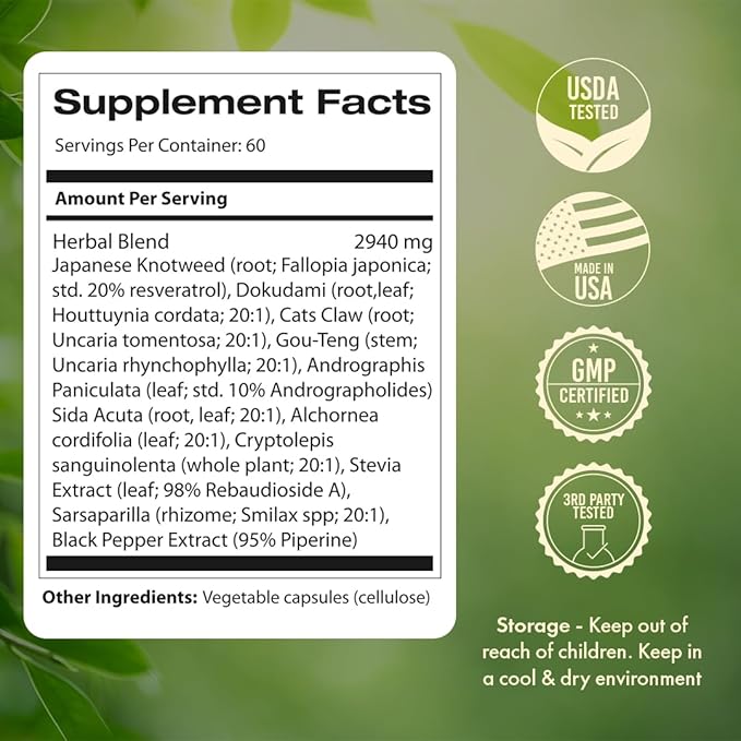 Samsara Herbs Tick Immune Support - Japanese Knotweed, Cats claw, Andrographis, Cryptolepis, Sarsaparilla, Resveratrol, Tick Bite Support 240 Capsules