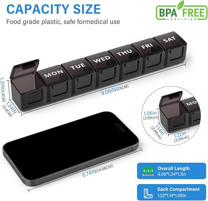 Extra Large Weekly Pill Organizer fot Travel, 7 Day Pill Organizer and Box, Large Compartments Daily Pill Case AM PM, 14 Day XL Medication Organizer Dispenser for Fish Oils, Vitamin Holder Supplement