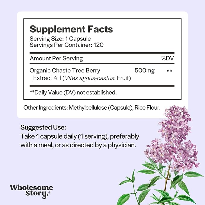 Wholesome Story Organic Vitex Chasteberry Supplement for Women | Hormone Balance, Fertility Support & Period Regulation | Vitex Berry Agnus Castus Extract | 120 Capsules | Chaste Tree Berry