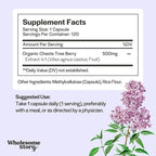 Wholesome Story Organic Vitex Chasteberry Supplement for Women | Hormone Balance, Fertility Support & Period Regulation | Vitex Berry Agnus Castus Extract | 120 Capsules | Chaste Tree Berry