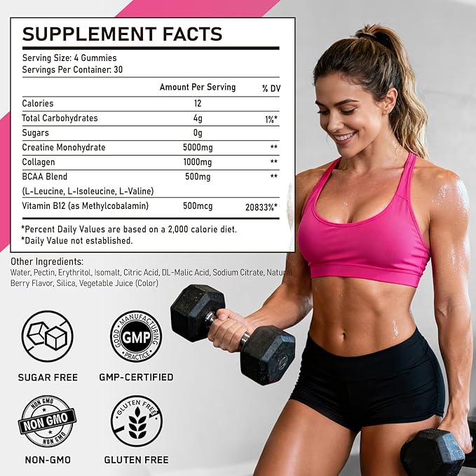 Creatine for Women, 5000mg Creatina Monohidratada Gummies with Collagen & BCAAs for Muscle Recovery, Energy & Skin, Chewable Post-Workout Supplement, Sugar-Free, No Bloating, 4 Gummies Per Day