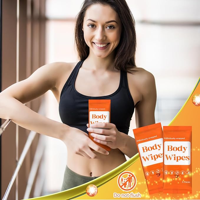 300 Pcs 60 Pack Body Wipes for Adults Bathing No Rinse Individually Wrapped Shower Wipes Washcloth with Aloe Cleansing Body Wash Cloths Disposable Bulk Deodorant Homeless(Orange Background)