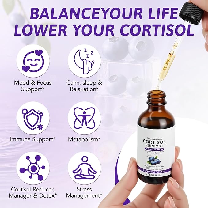 Cortisol Supplements for Women & Men, Cortisol Reducer, Support Hormone Balance, Mood, Focus & Sleep, 10 in 1 Cortisol Drops with Magnesium, Ashwagandha, L-theanine, Blueberry Flavor (2)