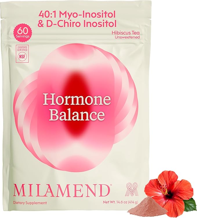 milamend Hormone Balance for Women 40:1 Myo-Inositol D-Chiro Inositol Supplement + CoQ10, ALA, & Amino Acids – Fertility, Ovarian & Cycle Support – Unsweetened Hibiscus Tea Powder – 30-Day Supply