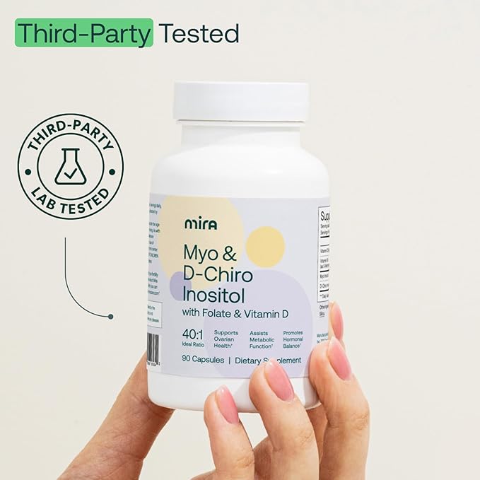 MIRA PCOS Supplement, Myo Inositol & D-Chiro Inositol 40:1 Ratio, Helps Promote Hormonal Balance and Support Ovarian Health & Metabolism, 90 Capsules (30 Servings), 1 Bottle