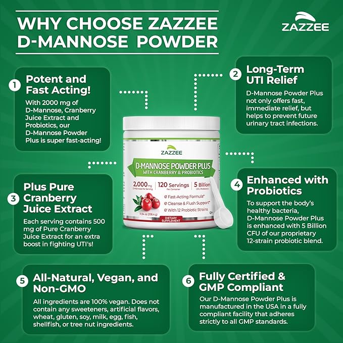Zazzee D-Mannose Powder Plus, 2000 mg, 120 Servings, Plus 5 Billion CFU Probiotics and Pure Cranberry Juice Extract, Certified Kosher, Free Scoop, 11.94 oz, Urinary Tract Support, Non-GMO