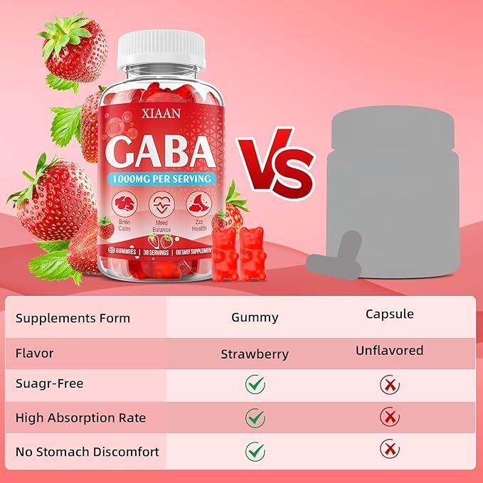 GABA Gummies 1000mg for Kids & Adults, Chewable GABA Supplements with L Theanine 5-HTP Ashwagandha Vitamins B6,B12,D3 for Calm & Zzz, Sugar-Free/Vegan, Strawberry Flavor 60 Count