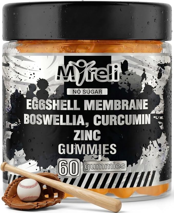 Eggshell Membrane 400mg, Boswellia 300mg, Curcumin 250mg & Zinc 20mg Gummies - Baseball Athlete Joint Support, Flexibility, Recovery, Antioxidant, Energy, Endurance - Vegan, Non-GMO, 60 Gummies