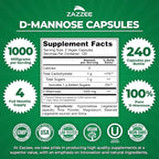 Zazzee D-Mannose, 1000 mg per Serving, 240 Vegan Capsules, 4 Month Supply, Potent & Fast-Acting, Certified Kosher, 100% Pure, All-Natural Urinary Tract Health Support, 100% Vegetarian, Non-GMO