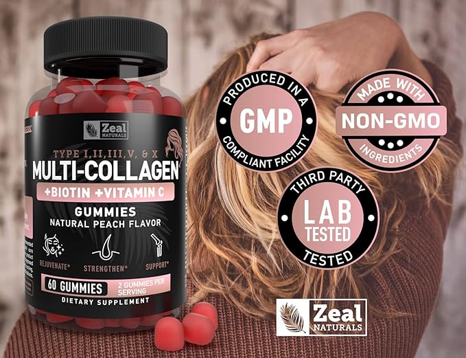 Multi Collagen Peptide Gummies (1, 2, 3, 5 & 10) + Vitamin C + Biotin + Hyaluronic Acid | Supports Healthy Hair, Skin, and Nails | Non-GMO and Gluten-Free | Natural Peach Flavor | 60 Gummies