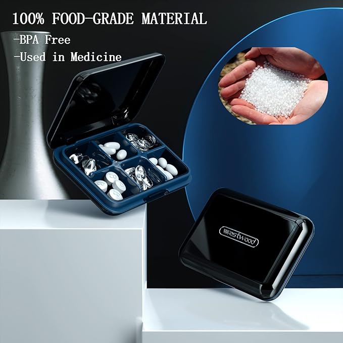 DUBSTAR Travel Pill Organizer Moisture Waterproof Small Pill Box for Pocket Purse 6 Compartments Portable Pill Case Medicine Vitamin Holder Container Black