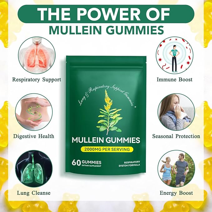 Mullein Gummies for Lungs, Mullein Extract for Smokers - Support Lung & Respiratory Health, Soothes Throat Irritation, Boost Immune - Mullein Leaf Extract for Lungs, Breathe Easier (a)